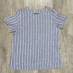 Lands End Blue Striped Short Sleeve Top 100% Linen Blouse Women’s XS Nautical